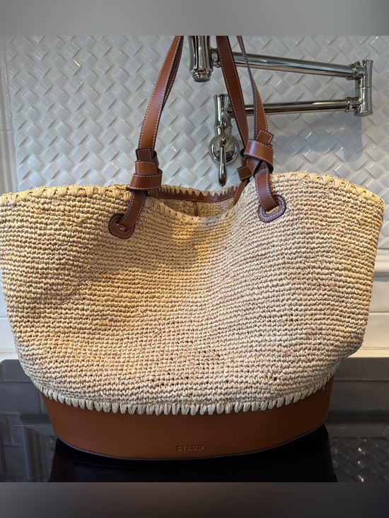 STAUD Handbags - STAUD Beige Woven Tote with Brown Leather Base and Handles